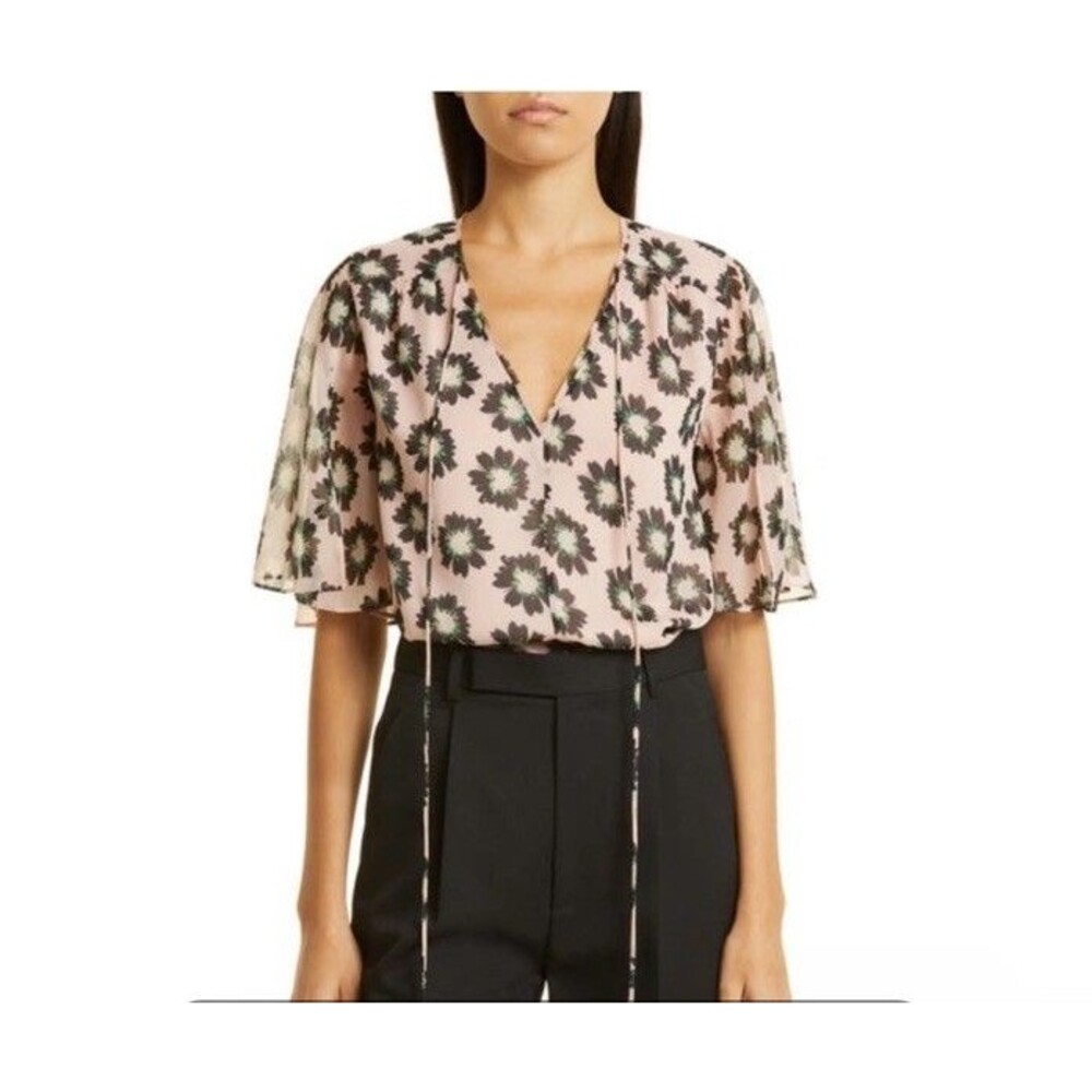 Ted Baker Harlynn Floral Print Blouse Pink Tie Neck Feminine Career Size 0/XXS